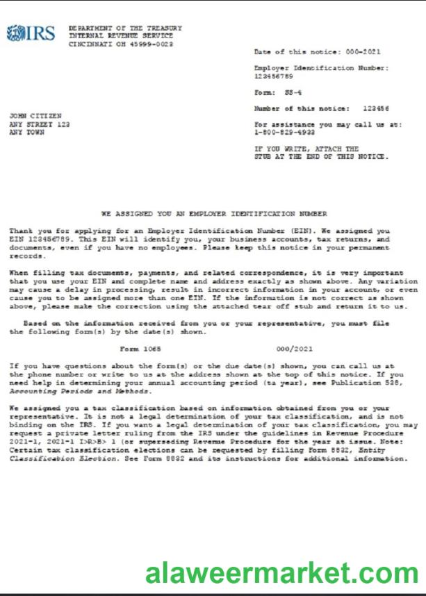 USA INTERNAL REVENUE SERVICE (IRS) Employer Identification Number (EIN) business registration